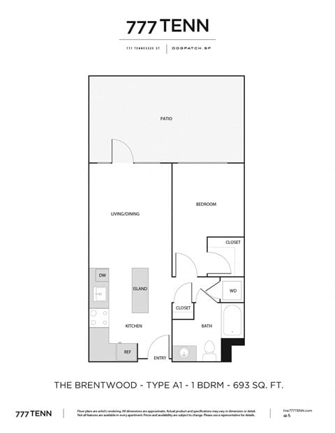 Floor plan for 1 bed, 1 bath, 693 sqft